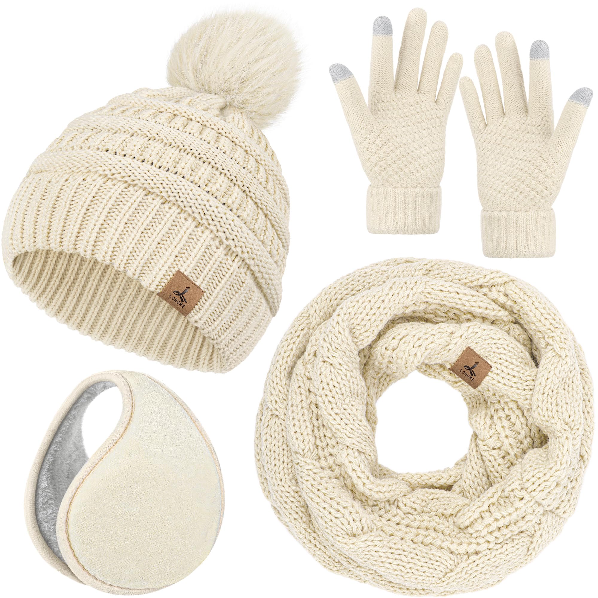 Winter Hat Scarf Gloves and Ear Warmer, Warm Knit Beanie Hat Touch Screen Gloves Set Winter Gifts Neck Scarves for Women